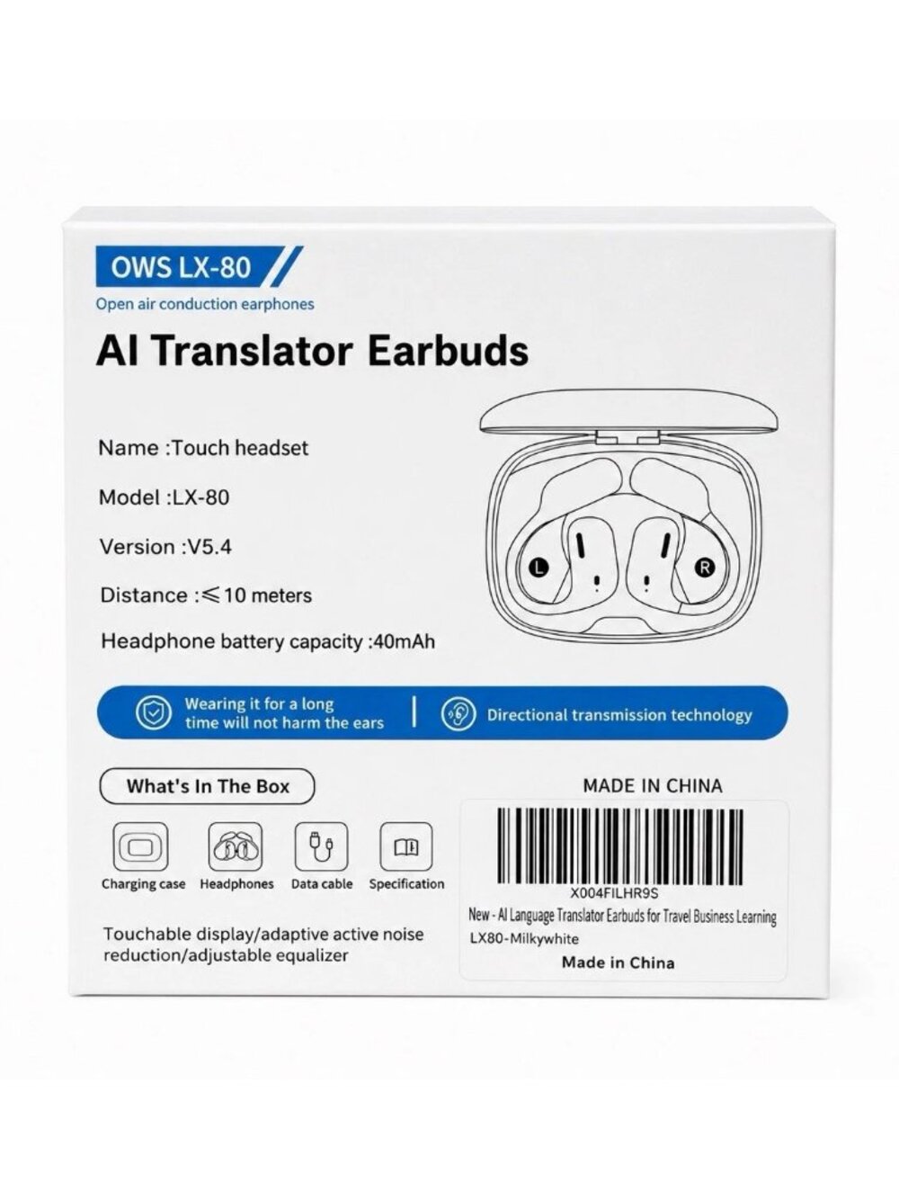 OWS LX-80 AI Translator Earbuds Wireless Ear-hook Open Air Conduction White - Picture 3 of 3